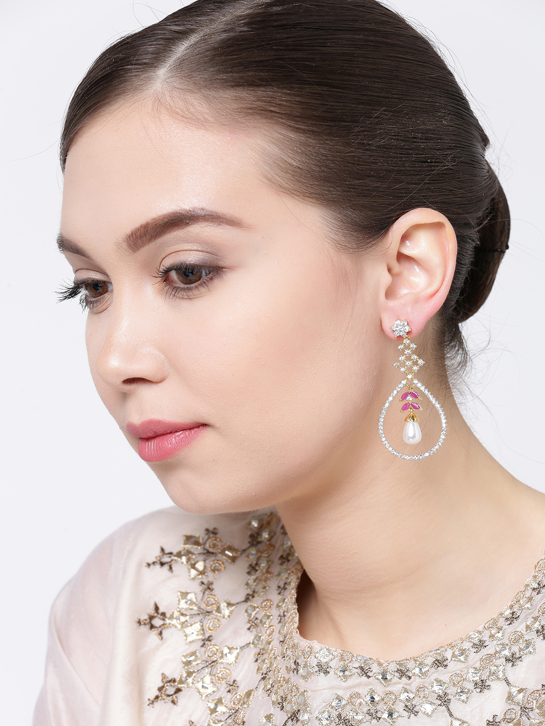 YouBella Gold-Plated Stone-Studded Teardrop-Shaped Drop Earrings